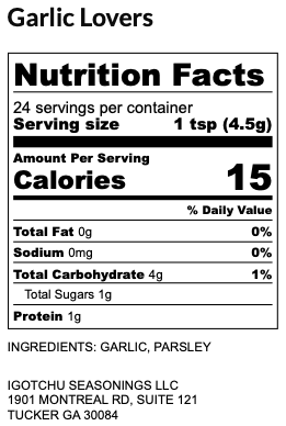 Igotchu Garlic Lovers seasoning container with nutrition facts label, featuring seasoned garlic blend from Igotchu Seasonings.