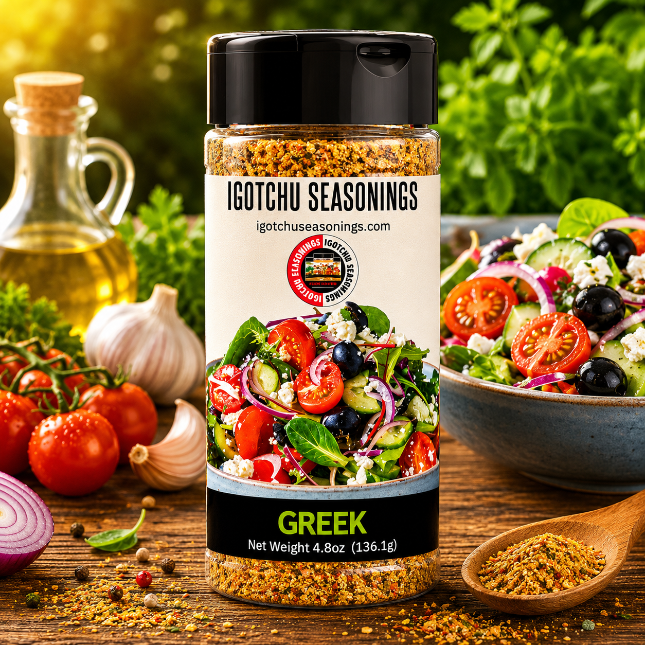 Igotchu Greek seasoning jar showing Mediterranean herbs and spices for flavorful cooking and seasoning dishes.