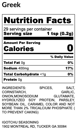 Image of Igotchu Greek seasoning nutrition facts label showing ingredients and nutritional information.