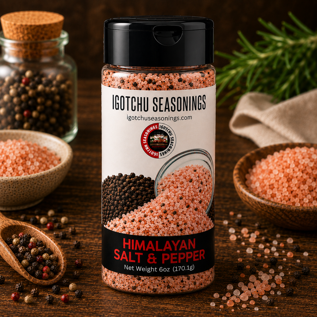 Igotchu Himalayan Salt and Pepper seasoning in a jar, with salt crystals and black peppercorns visible, ideal for enhancing flavor.
