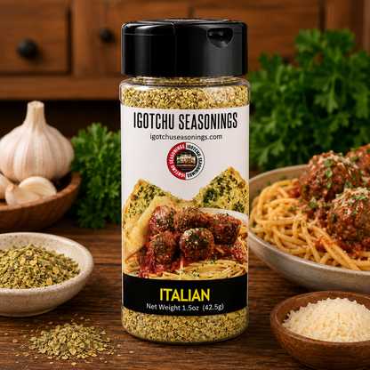 Igotchu Italian seasoning jar with a blend of herbs and spices for flavorful Italian dishes.