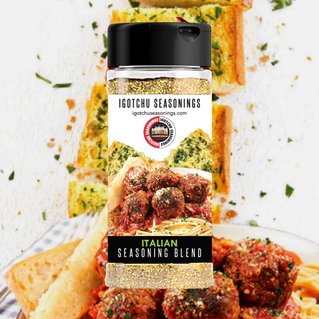 Igotchu Italian seasoning bottle showing a label with herbs and spices for flavorful Italian cuisine.