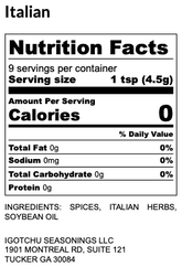 Igotchu Italian seasoning jar showing nutrition facts label, featuring a blend of herbs and spices for flavorful Italian dishes.
