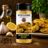 Igotchu Lemon Garlic Pepper seasoning jar showing lemon, garlic, and pepper ingredients in a clear container for flavorful seasoning.