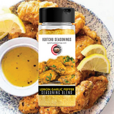 Igotchu Lemon Garlic Pepper seasoning in a spice jar, featuring a label with lemon, garlic, and pepper illustrations on a white background.