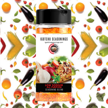 Igotchu Low Sodium All Purpose Seasonings in a clear bottle, featuring a white and green label with spices inside.