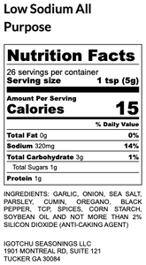 Igotchu Low Sodium All Purpose Seasonings container with nutrition facts label, highlighting a healthy, versatile spice blend.