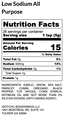 Igotchu Low Sodium All Purpose Seasonings container with nutrition facts label, highlighting a healthy, versatile spice blend.