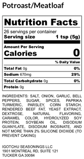 Igotchu Meatloaf seasoning label showing ingredients and nutritional information in a clear, detailed view.