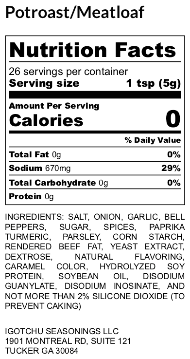 Igotchu Meatloaf seasoning label showing ingredients and nutritional information in a clear, detailed view.