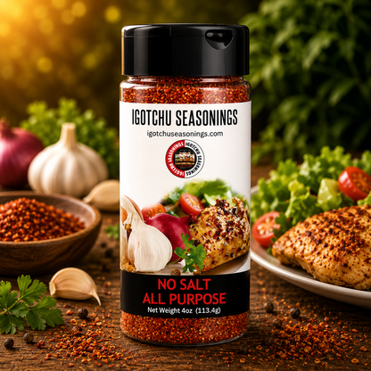 Igotchu No Salt All Purpose Seasoning jar, natural spices blend for versatile cooking, by Igotchu Seasonings.