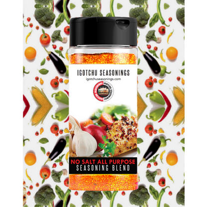 Igotchu No Salt All Purpose Seasoning jar showing the label with black and white design, versatile seasoning for various dishes.