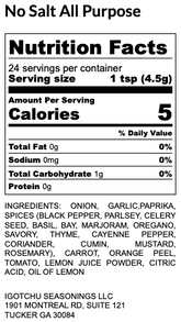Igotchu No Salt All Purpose seasoning jar with nutrition facts label, highlighting salt-free spice blend from Igotchu Seasonings.