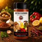 Igotchu No Salt Cajun seasoning in a jar, featuring a blend of spices with no added salt, perfect for Cajun dishes and seasoning.