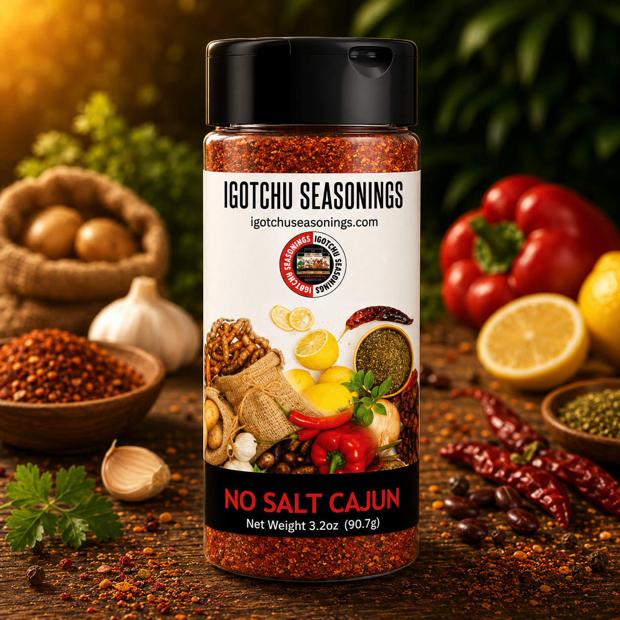 Igotchu No Salt Cajun seasoning in a jar, featuring a blend of spices with no added salt, perfect for Cajun dishes and seasoning.