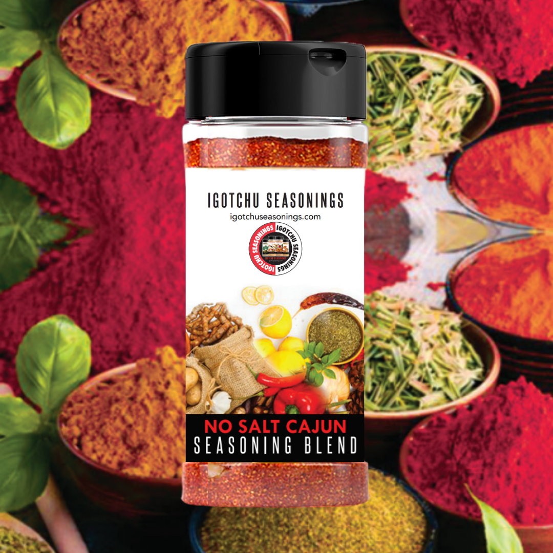 Igotchu No Salt Cajun seasoning in a spice jar with a red and black label, featuring a Cajun spice blend.