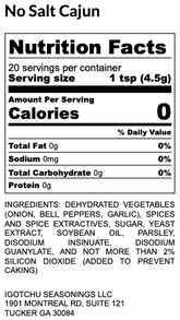 Igotchu No Salt Cajun seasoning bottle with nutrition facts label, highlighting spices and natural ingredients for flavorful cooking.