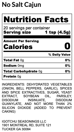 Igotchu No Salt Cajun seasoning bottle with nutrition facts label, highlighting spices and natural ingredients for flavorful cooking.