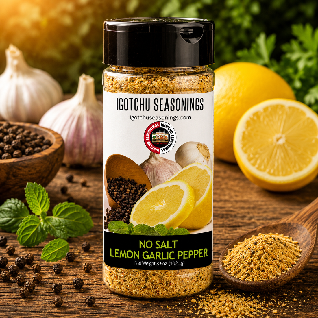 Igotchu No Salt Lemon Garlic Pepper seasoning jar with label, featuring lemon, garlic, and pepper illustrations.