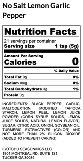 Igotchu No Salt Lemon Garlic Pepper seasoning container with nutrition facts label, highlighting a salt-free spice blend from Igotchu Seasonings.