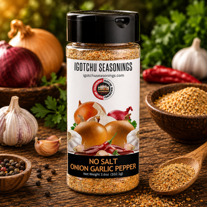 Igotchu No Salt Onion Garlic Pepper seasoning blend in a spice jar, highlighting onion, garlic, and pepper ingredients.