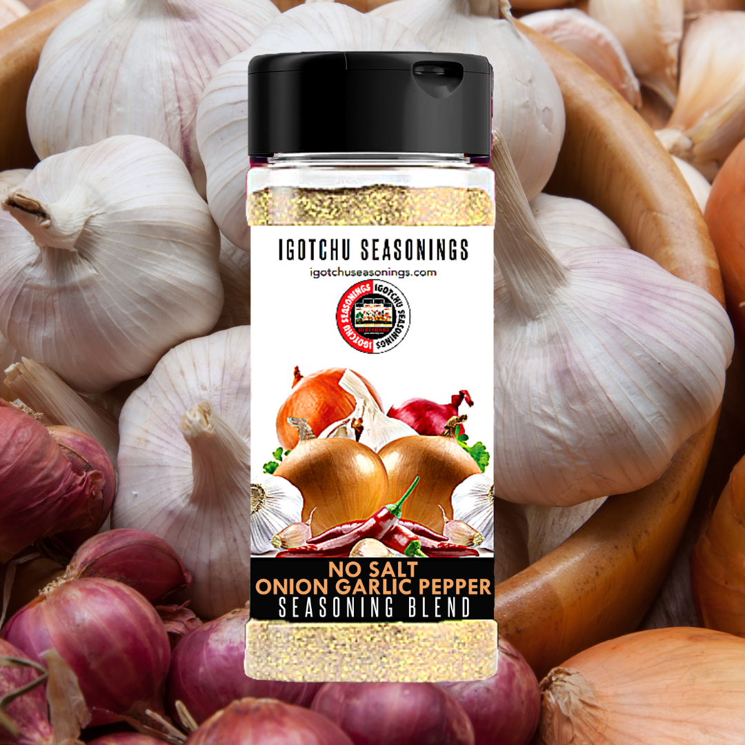 Igotchu No Salt Onion Garlic Pepper seasoning blend in a jar, natural spices for flavorful cooking and seasoning.