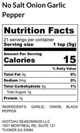 Igotchu No Salt Onion Garlic Pepper seasoning label showing nutritional information and ingredients for savory flavor.