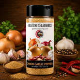 Igotchu Onion Garlic Pepper seasoning in a clear jar with a label, showcasing the blended spice mix for cooking and flavoring dishes.