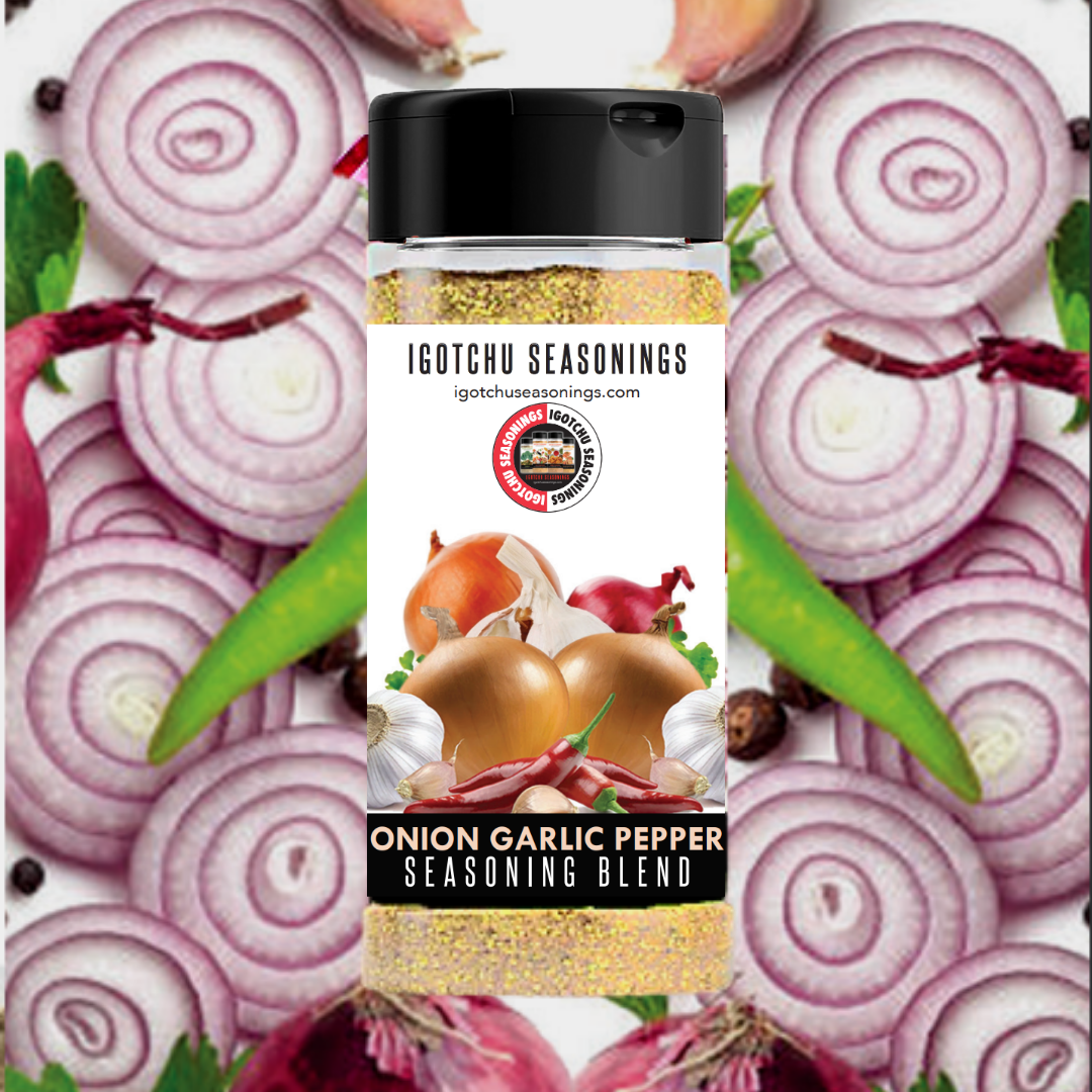 Igotchu Onion Garlic Pepper seasoning in a jar, featuring a blend of onion, garlic, and black pepper for flavorful cooking.