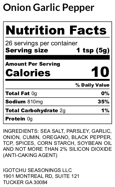 Igotchu Onion Garlic Pepper seasoning label showing ingredients and nutritional facts for spice blend in a jar.