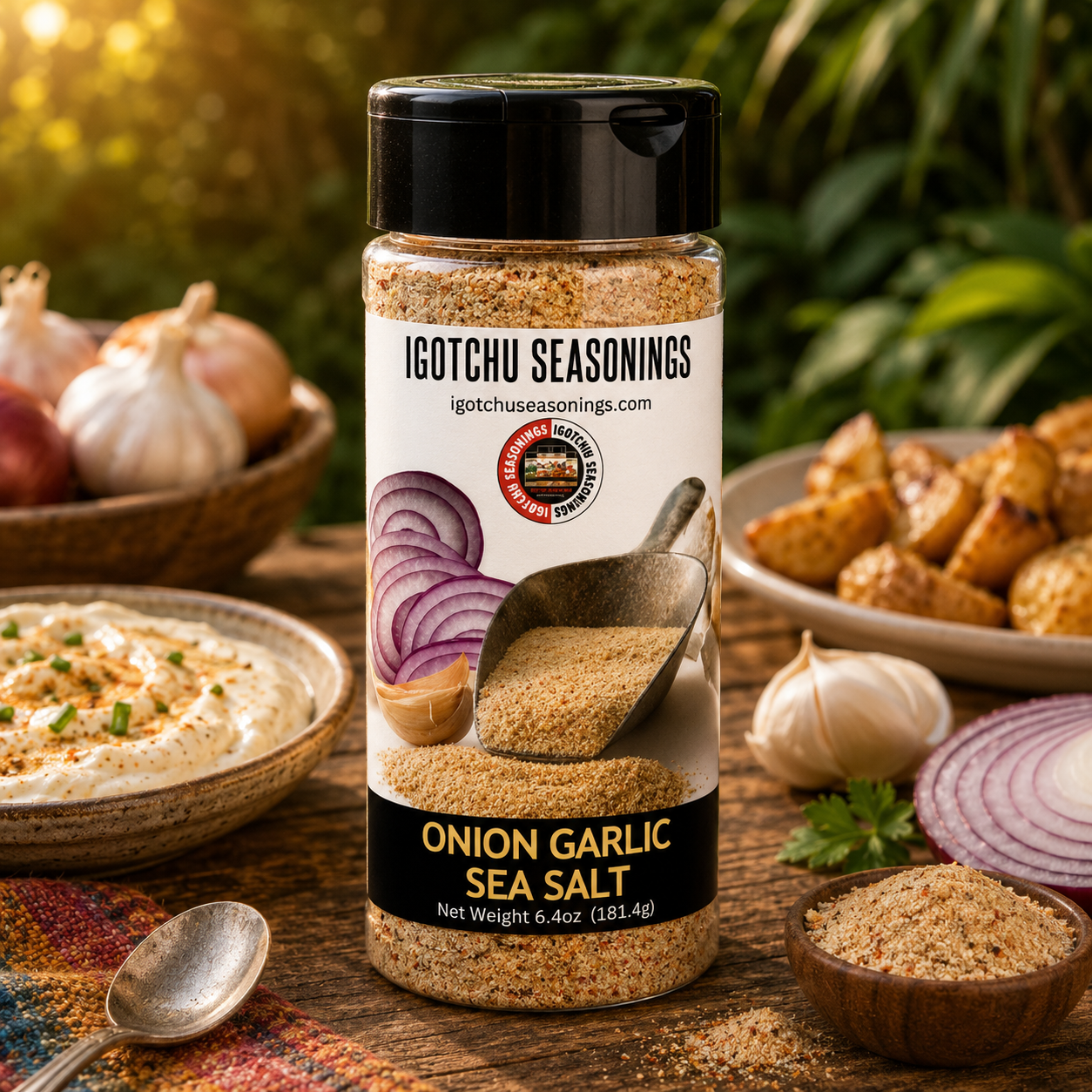 Igotchu Onion Garlic Sea Salt seasoning jar with label, featuring a blend of onion, garlic, and sea salt for enhancing dishes.