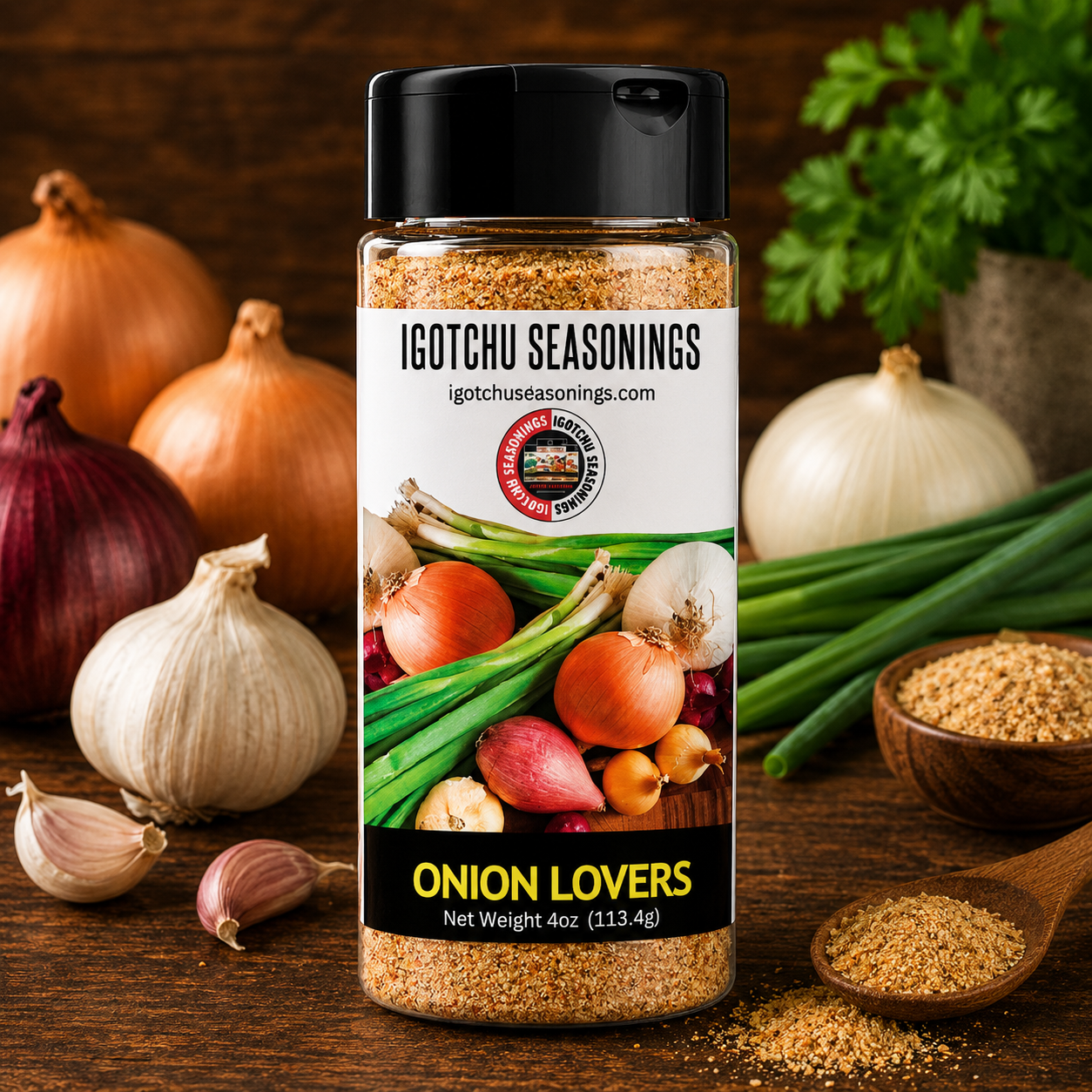 Igotchu Onion Lovers seasoning jar with colorful label, featuring dried onion flakes and spices for flavorful culinary use.