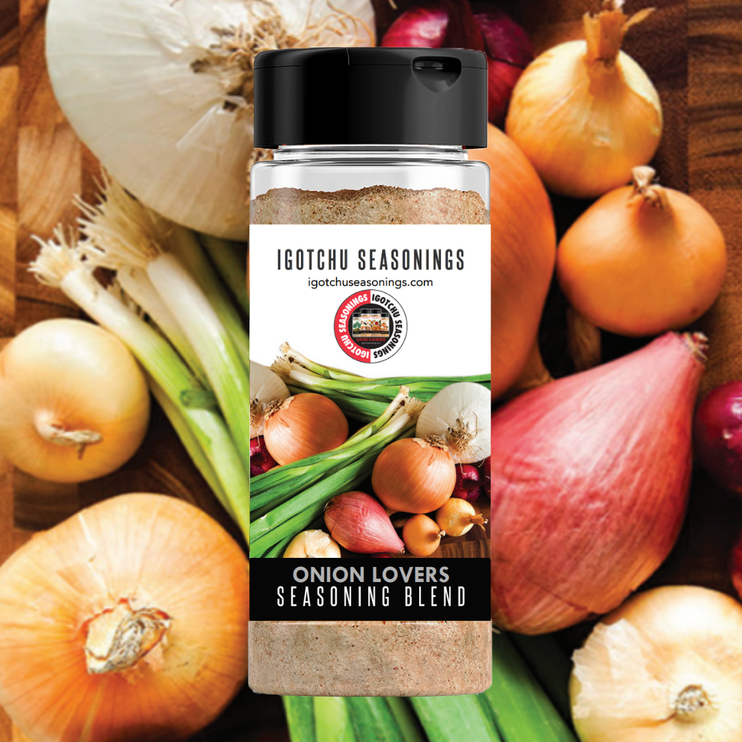 Igotchu Onion Lovers seasoning container with colorful label, showcasing a blend of onion spices for enhancing dishes.