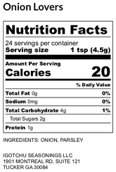 Igotchu Onion Lovers seasoning label showing ingredients and nutrition facts for flavorful onion spice blend.