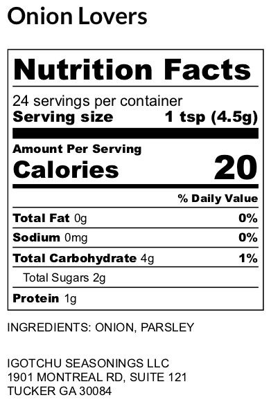 Igotchu Onion Lovers seasoning label showing ingredients and nutrition facts for flavorful onion spice blend.