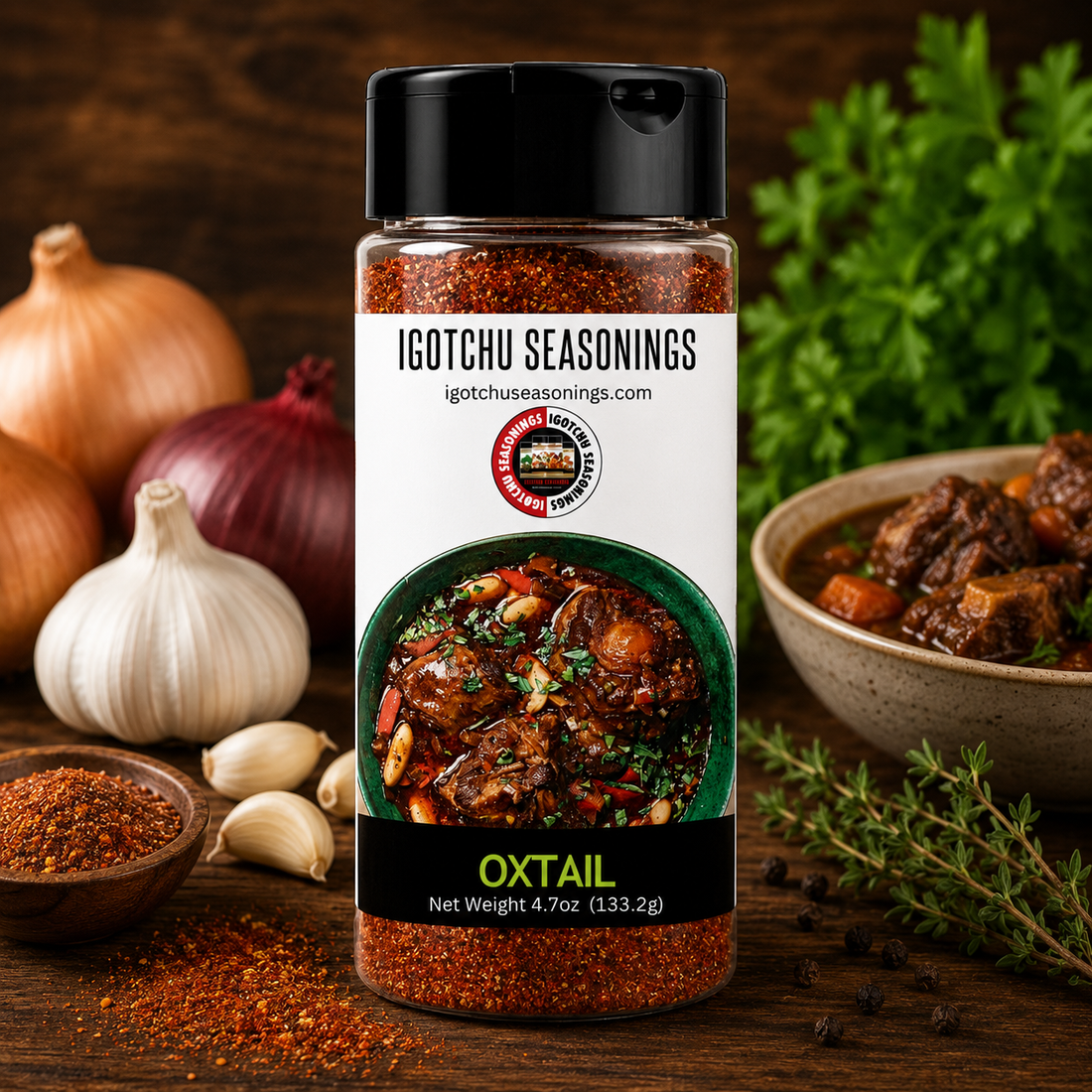 Igotchu Seasonings Oxtail seasoning jar with label, showcasing the flavorful spice blend for cooking authentic oxtail dishes.