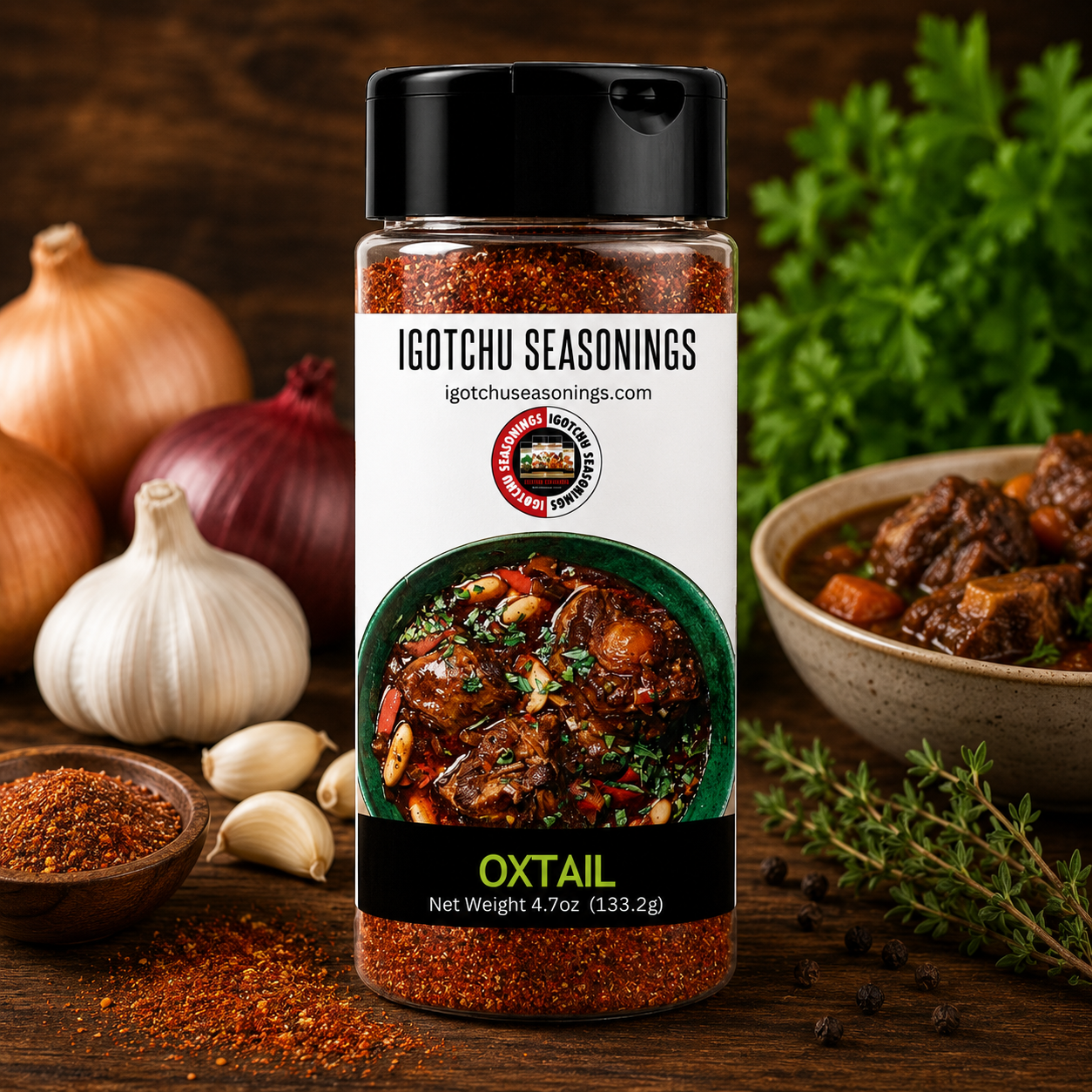 Igotchu Seasonings Oxtail seasoning jar with label, showcasing the flavorful spice blend for cooking authentic oxtail dishes.
