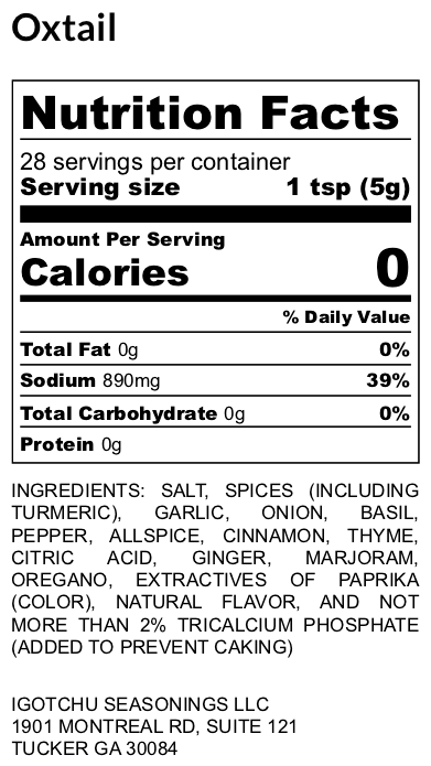 Igotchu Oxtail seasoning label showing ingredients and nutrition facts for flavorful beef stew seasoning from Igotchu Seasonings.