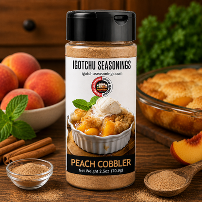 Igotchu Peach Cobbler Seasoning jar, a blend of spices for making flavorful peach cobbler desserts.