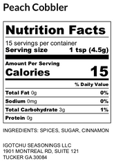 Igotchu Peach Cobbler Seasoning jar with nutrition label, natural blend of spices for flavorful peach cobbler desserts.