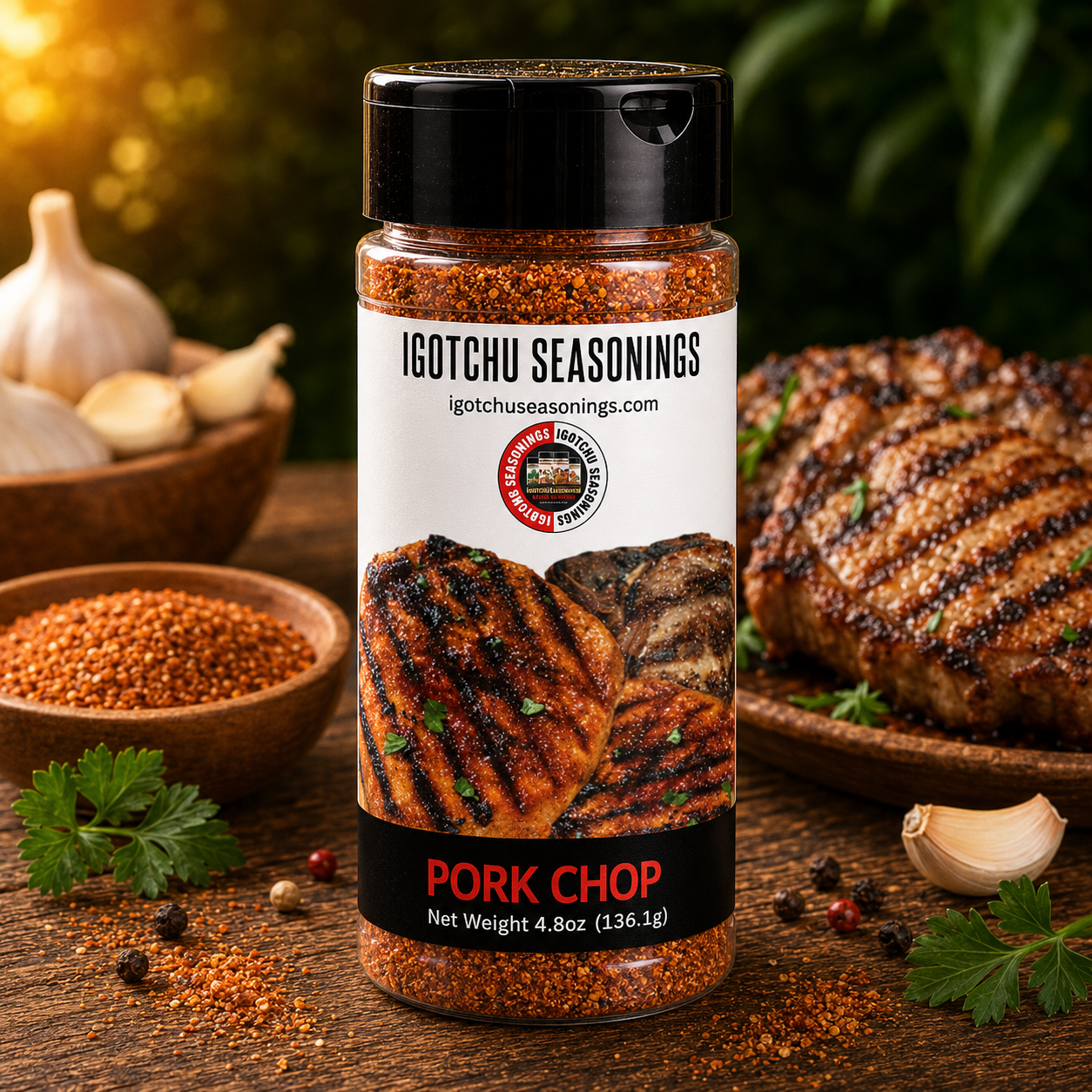Igotchu Pork Chop Seasoning in a jar, spices and herbs blend for flavorful pork chop dishes, from Igotchu Seasonings.