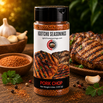 Igotchu Pork Chop Seasoning in a jar, spices and herbs blend for flavorful pork chop dishes, from Igotchu Seasonings.