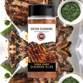 Igotchu Pork Chop seasoning in a jar, with spices and herbs, perfect for enhancing pork chop flavor in cooking.