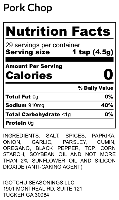 Igotchu Pork Chop seasoning jar showing nutrition label, a flavorful blend of spices for enhancing pork chop dishes.
