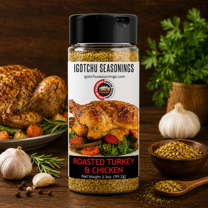 Igotchu Roasted Turkey &amp; Chicken seasoning jar showing spice blend for flavorful poultry cooking.
