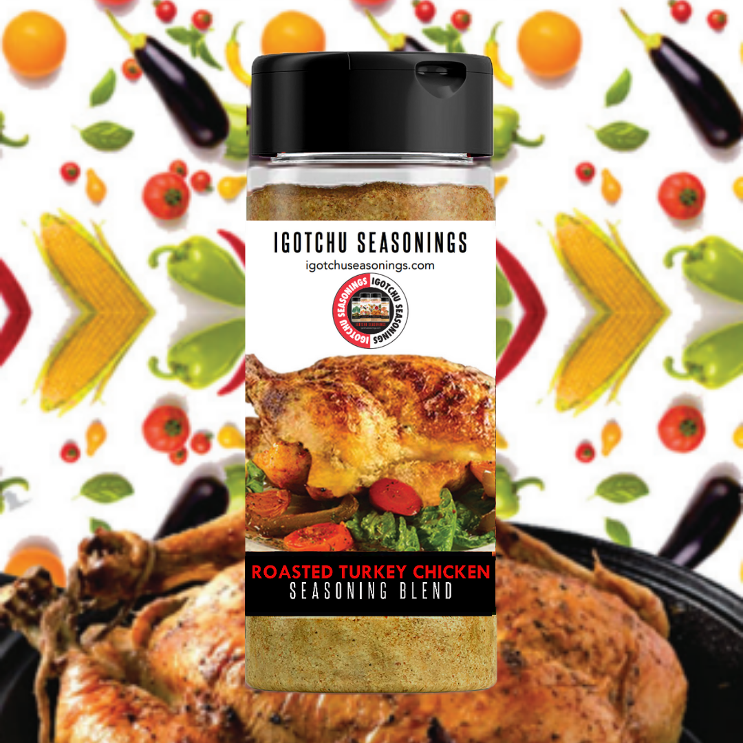 Igotchu Roasted Turkey &amp; Chicken seasoning in a jar, featuring a label with images of roasted turkey and chicken, ideal for flavorful cooking.