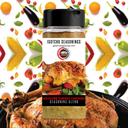 Igotchu Roasted Turkey &amp; Chicken seasoning in a jar, featuring a label with images of roasted turkey and chicken, ideal for flavorful cooking.