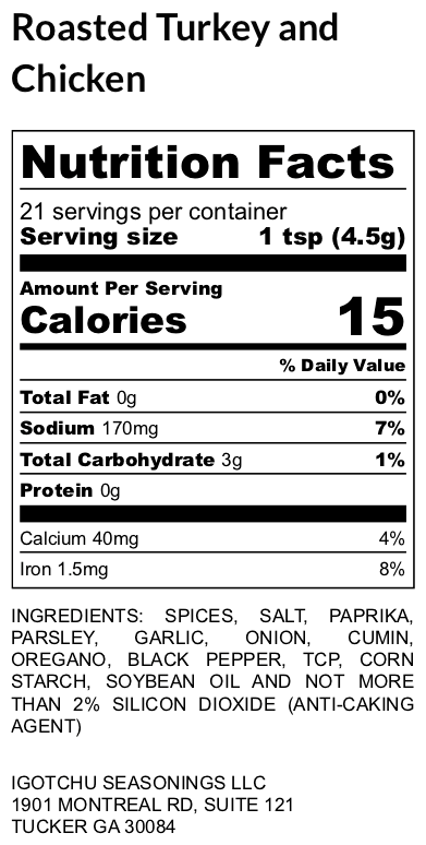 Igotchu Seasonings Roasted Turkey &amp; Chicken seasoning label showing nutrition facts and ingredients.