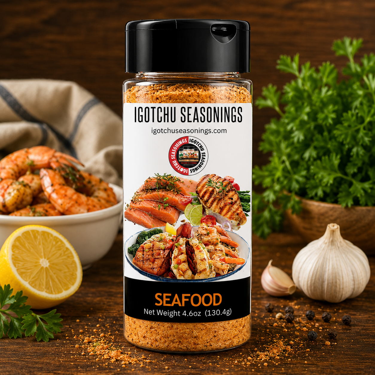 Igotchu Seafood seasoning container from Igotchu Seasonings, showcasing the spice blend for seafood dishes.