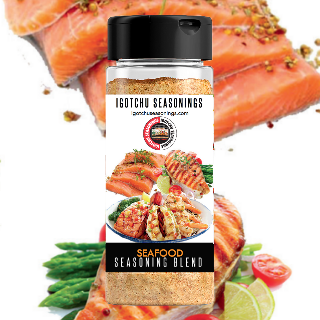 Igotchu Seafood seasoning jar, a blend of spices and herbs for enhancing seafood dishes, in a clear container with a label.